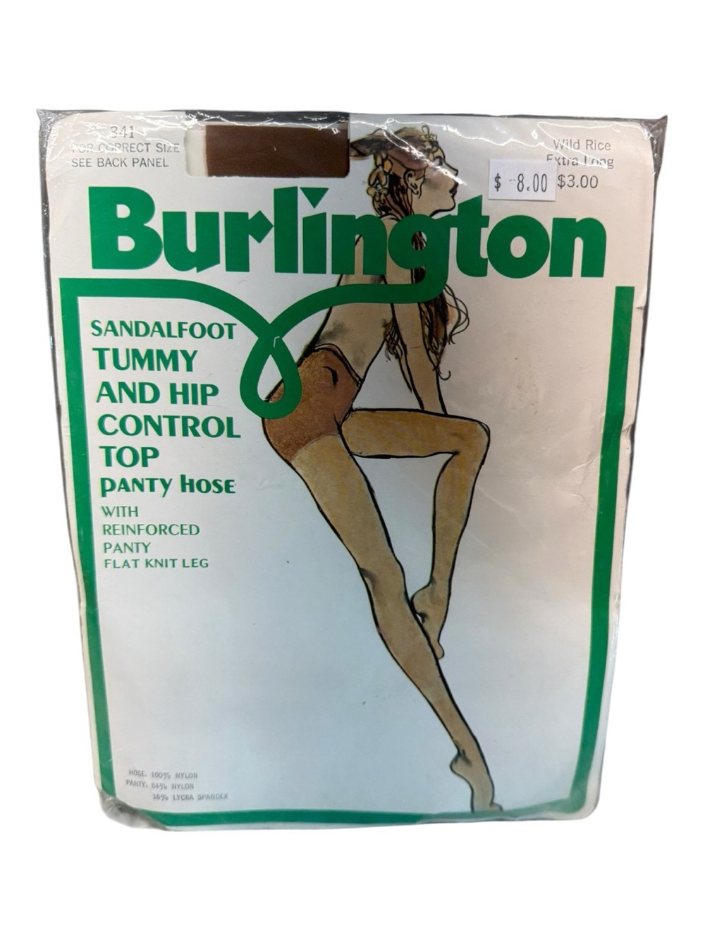 Burlington NOS Tummy Hip Control Top Pantyhose Flat Knit Extra Long Wild Rice